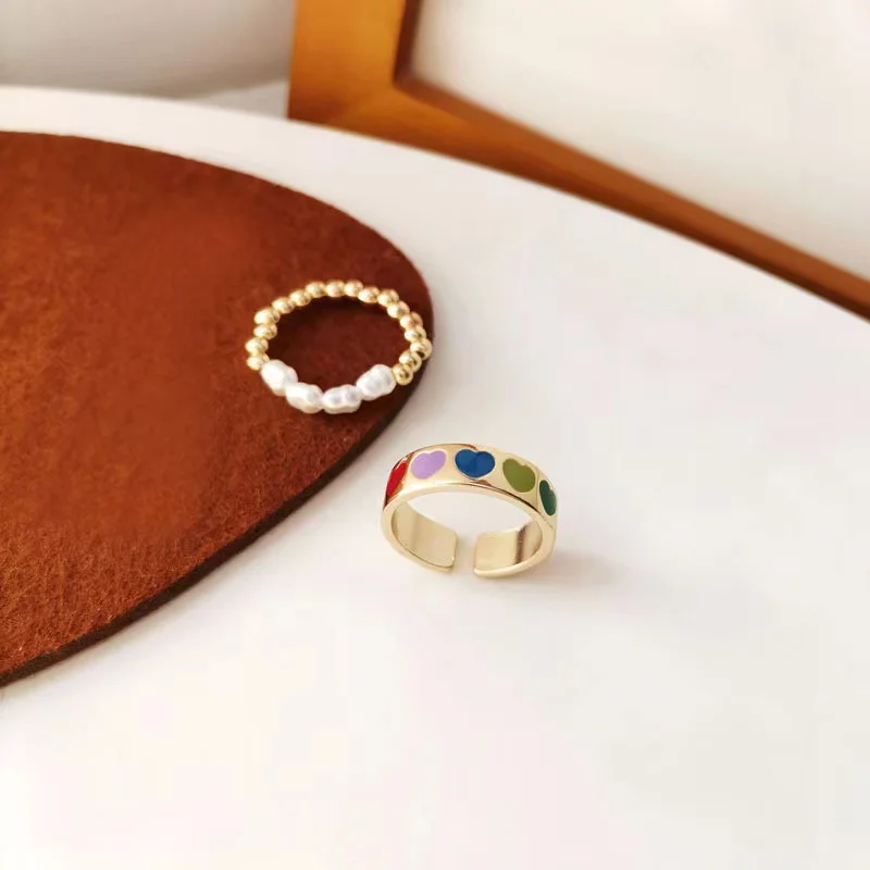 

2PC/S Fashion Sweet Heart Color Contrast Rings For Women Girls Personalized Irregular Pearl Gold Rings Set Aesthetic Jewelry