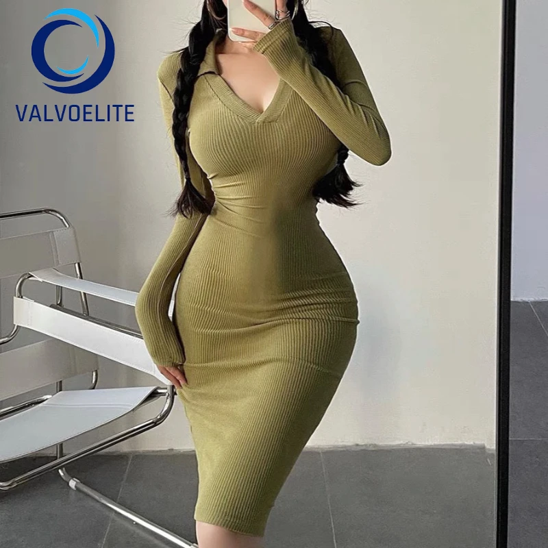 

Spring Autumn New Woman Knitted Dress Fashion Sexy Lapel Tight Elastic Waist Solid Color Hip Skirt with Bottoming Long Skirt