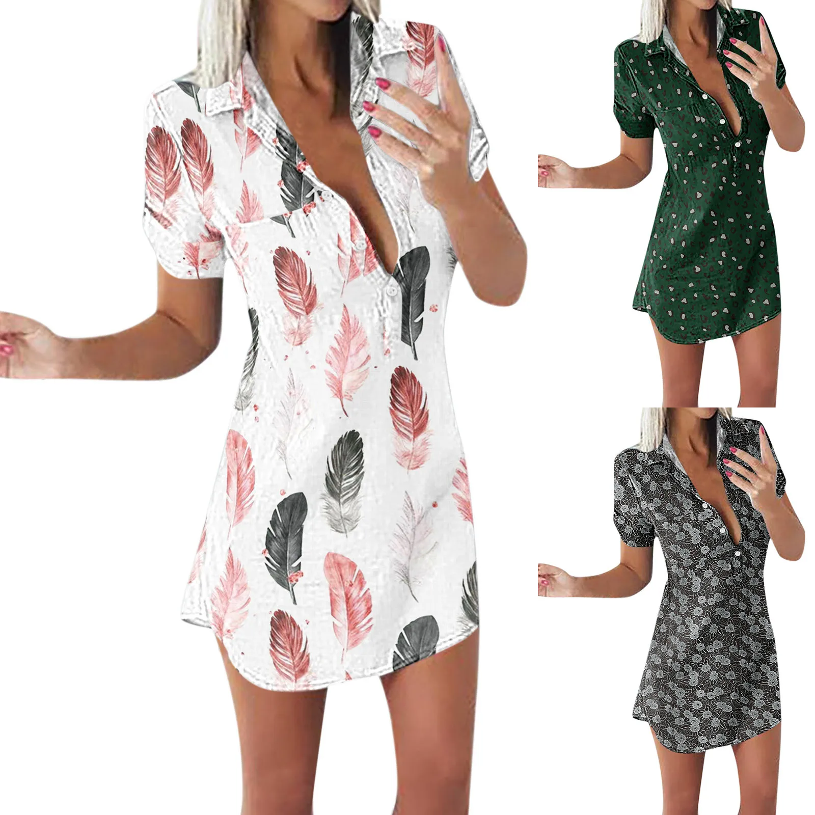 

Gray Dress for Women Blouse Dress For Women Casual Short Sleeve Spread Collar Button Down Senorita Dresses for Women plus Size