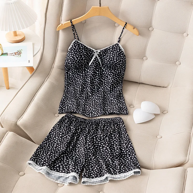 

Print Sleepwear Women Lace Patchwork Pajamas Two Pieces Sleep Set Cami&Shorts Suit Satin V-Neck Nightgown Lingerie Lounge Wear