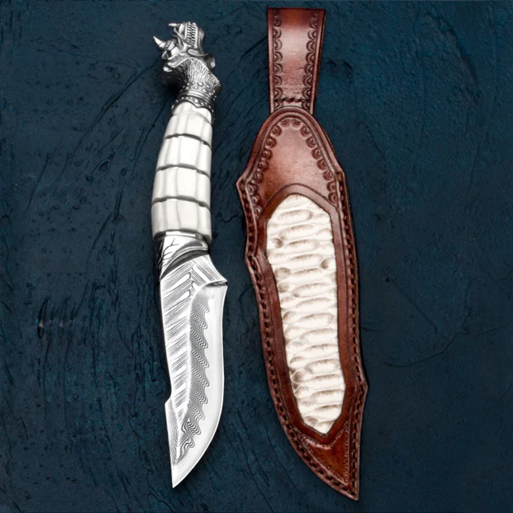 Дамасский нож Dragon King — охотничий ручной работы с ручкой из старых рогов