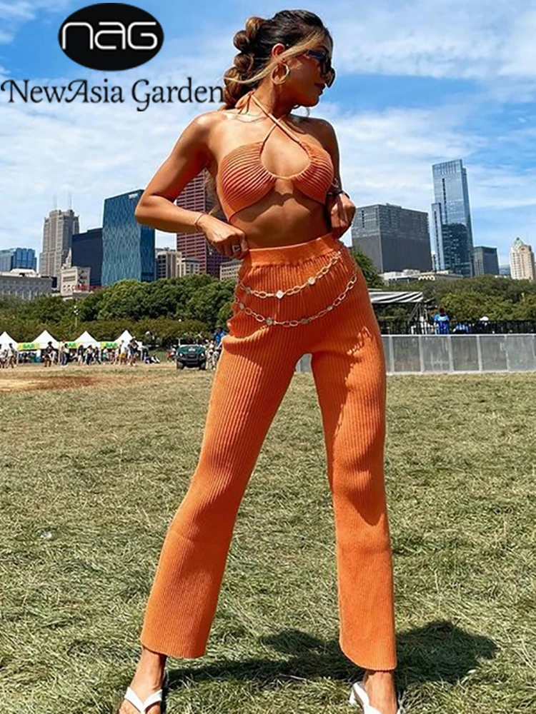 

NewAsia Ribbed Knit Two Piece Pants Set Cut out Crop Halter Top High Waist Pants Sets Warm Fall 2021 Womens Fashion Pant Suits