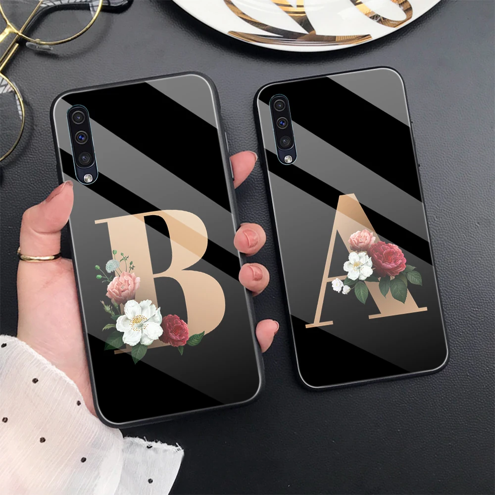 

Letter A -J Flower Tempered Glass Case For Samsung Galaxy A52 A52S 5G A51 A50 A12 A72 A70 A71 A21S A32 4G A21S A01 A11 Shell
