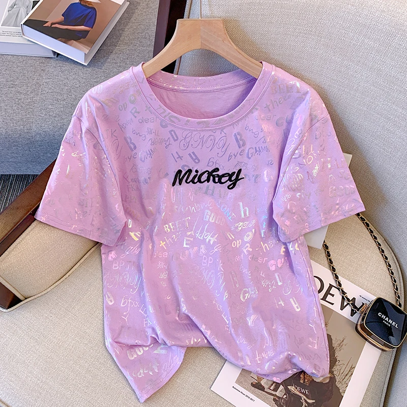 

Блестящая футболка с надписью для женщин, уличная одежда, футболка в стиле хип-хоп, Свободная Женская футболка с круглым вырезом в стиле Харадзюку