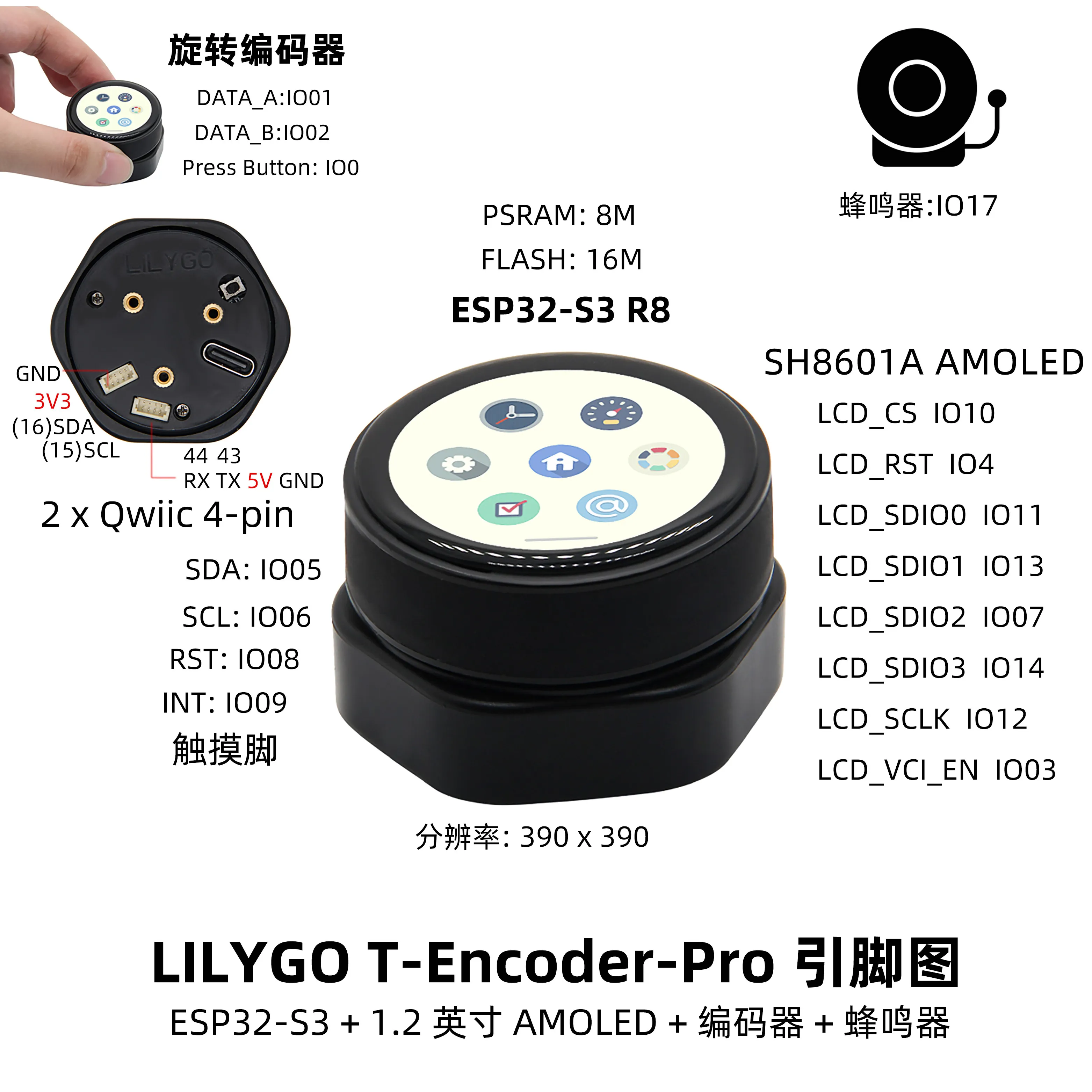 Фото LILYGO T-Encoder-Pro ESP32-S3: Роторный энкодер с 1,1-дюймовым сенсорным дисплеем №2