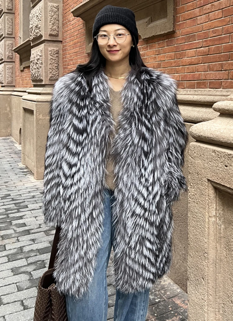 FURTJY 100% Genuine Fox Fur Jacket Silver fox fur knitted coat with Striped Style Outfit Female Outerwear Fox Fur Outerwear 80CM
