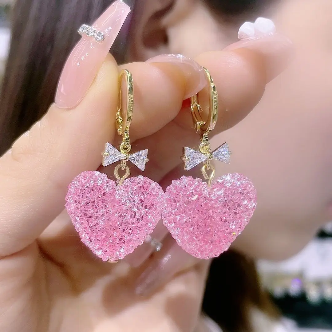 

2023 New Arrival Trendy Lovely Pink Heart Dangle Earrings for Women Korean Fashion Cute Sweet Crystal Jewelry Girl Earring Gifts