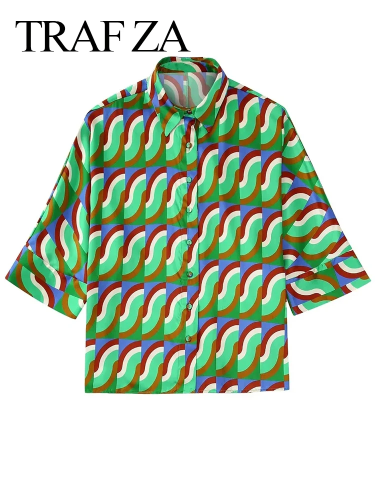 

TRAF ZA Women's Loose Casual Printed Shirts Single Breasted Lapel Short Sleeve Shirts Top Multicolor Beach Resort Blouse Wear