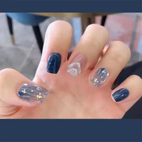24pcs fake nails sea blue smudged fake nail stickers wear manicure finished products press fit nail patch manicure accessories
