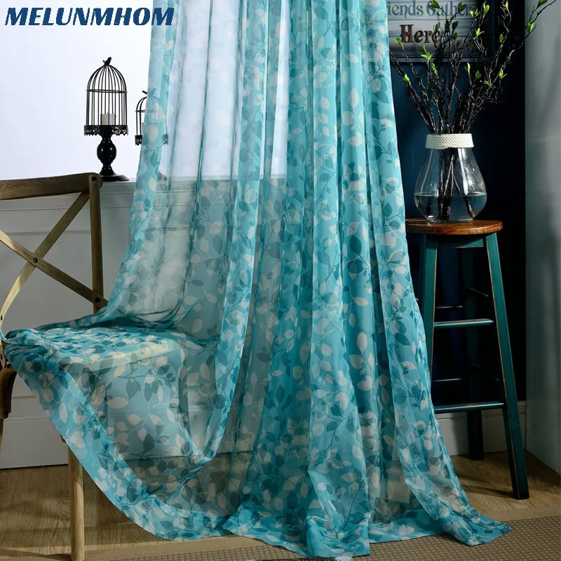 Простые голубые тюлевые оконные шторы с принтом для гостиной Ретро прозрачные