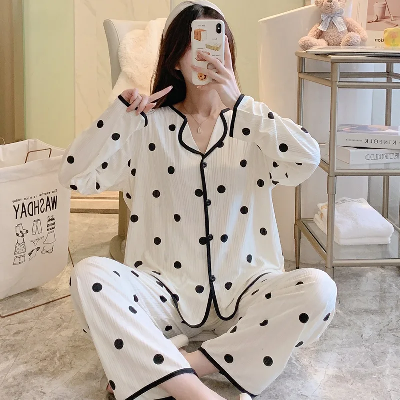 Ladies pajamas spring and autumn 2-piece set double-length cardigan small lapel Korean version cute casual new ladies home wear