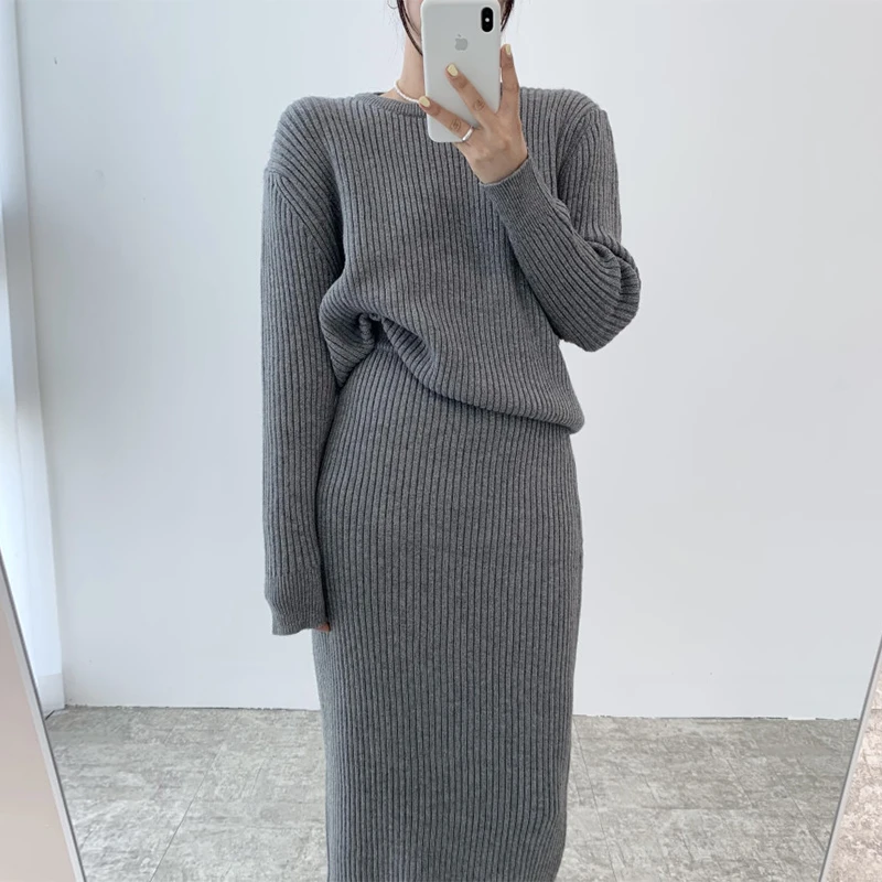 

Solid Color Sets Two Pieces High Waist Women Sweet Korean Elegant Streetwear Chic Long Sleeve Black Casual A Line Ladies Skirt