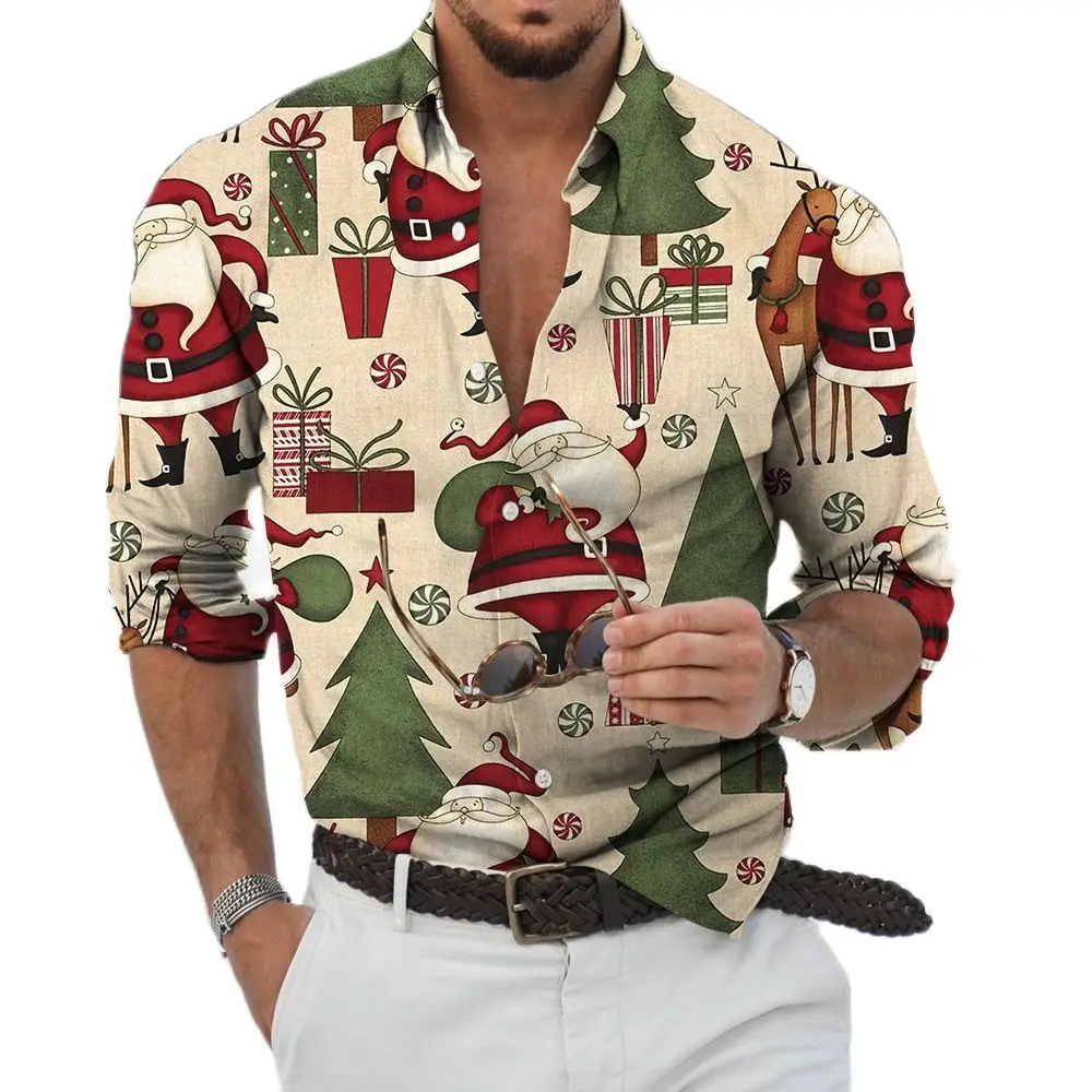 Autumn 2022 New 3D Christmas Print Single breasted Long Sleeve Shirt Holiday Party Top Men's High Quality Street Dress S-6XL