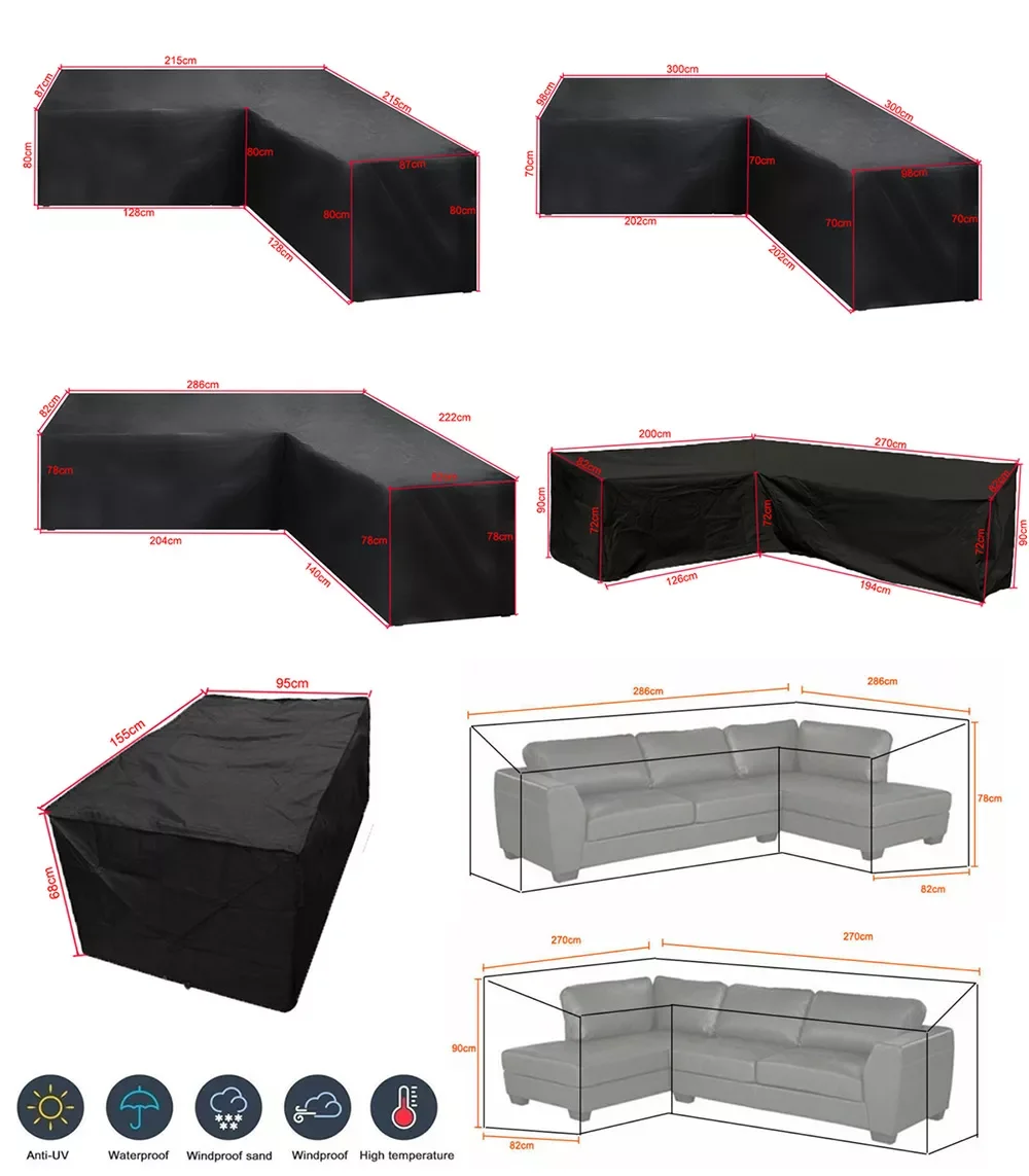 

Multi Size Black Outdoor Garden Furniture Corner Sofa Cover Waterproof Black Furniture Dustproof Outdoor Table Cover