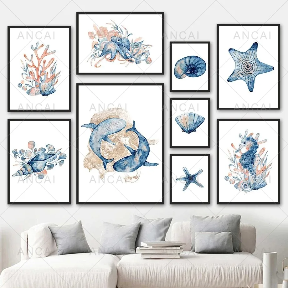 

Watercolor Sea Whale Coral Starfish Shell Marine Life Nordic Poster Canvas Painting Print Wall Art Pictures Kids Room Decoration