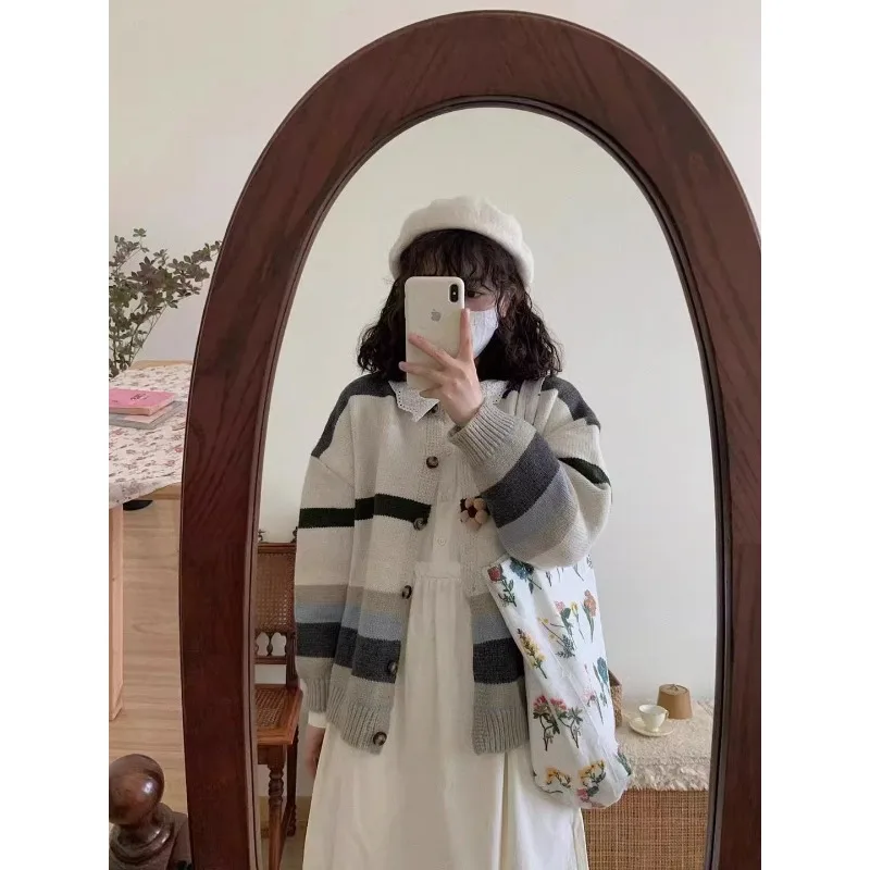 

Knitted cardigan outerwear color matching loose vintage striped feeling lazy style sweater for women