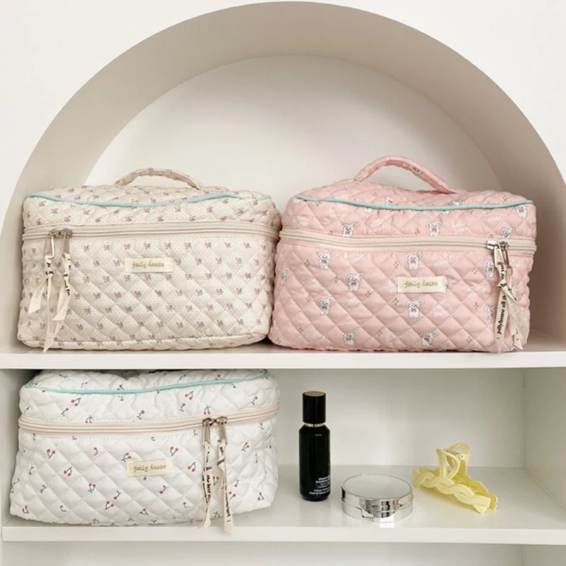 

Cute Cotton Makeup Bag Women Zipper Cosmetic Organizer Female Cloth Handbag Box Shape Portable Toiletry Case For Girls