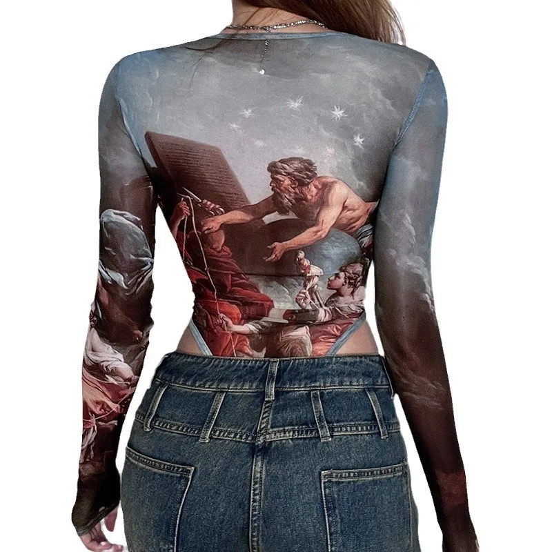 Сетчатые сексуальные винтажные женские боди с принтом футболки летние кружевные