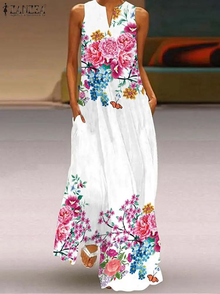 

ZANZEA 2022 Fashion Elegant Maxi Dress Women Bohemian Printed Sleeveless Robe Casual Loose V Neck Party Holiday Sundress Femme
