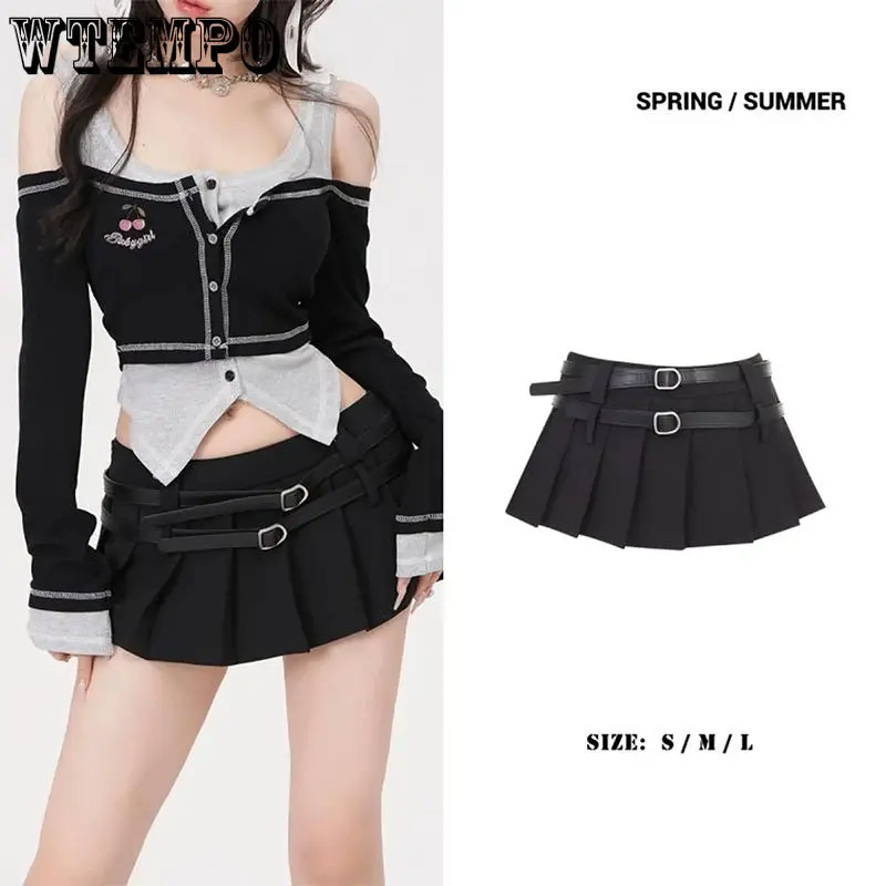 

Black Pleated Mini Skirt Gift Belt Slim Sexy Hotsweet Preppy Style Hottie Pure Desire Korean Fashion Summer DropShipping Gothic