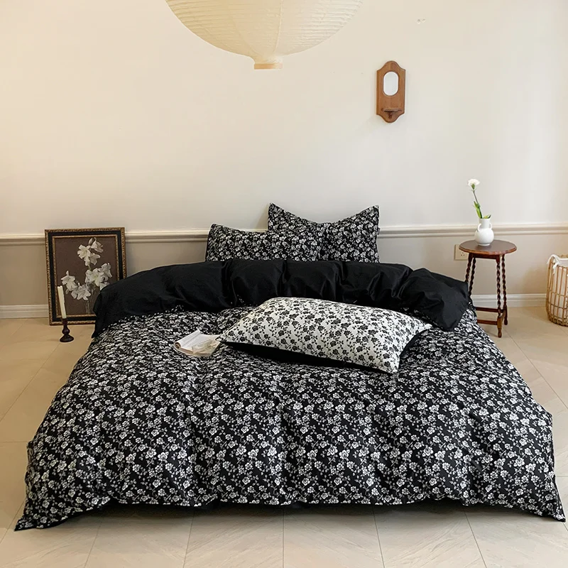 

Black Rose Flower 600TC Egyptian Long-staple Cotton 4Pcs Bedding Nordic Single Double Quilt Cover Set Bed Linen Pillow Shams