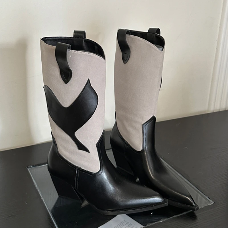 

Female Heels Chelsea Boots Slip On Pumps Shoes Pointed Toe Fashion Mixed Colors Ladies Mid Calf Denim Western Women Long Boots