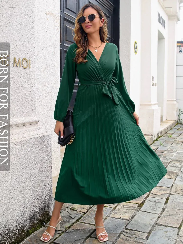 

Elegant V Neck Long Sleeve Maxi Dresses for Women Belt Lace Up Pleated Party Luxury Evening Dress Vestido De Mujer Autumn Outfit