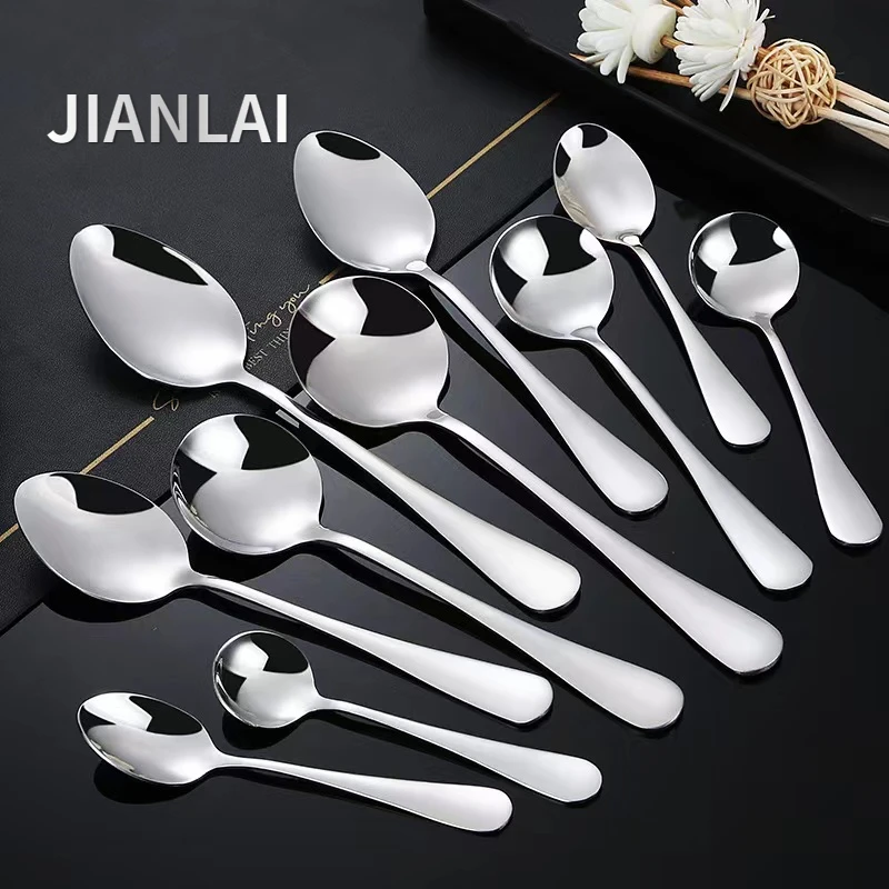 

New Stainless steel spoon fork household dining spoon spoon long handle dessert round spoon thickened hotel tableware
