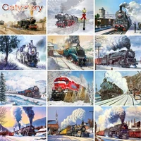 gatyztory 60x75cm frame diy painting by numbers modern wall art canvas painting train snow sceney handpainted home decor art