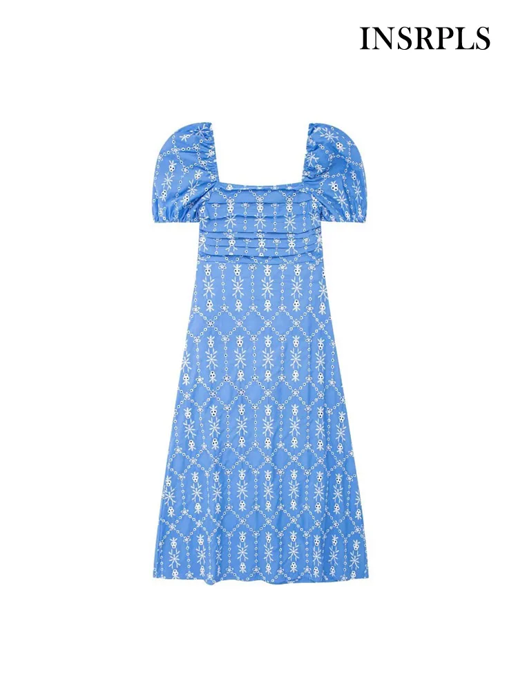 

Женское платье-миди с вышивкой, рукавами-фонариками и поясом на спине