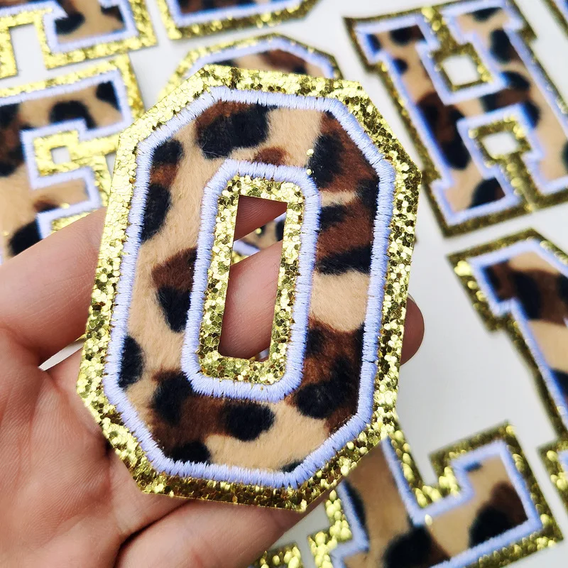 1pc Iron-on Patch Chenille Leopard Alphabet Cloth Patches Gold Border White Line Iron on Letter High Quality Clothing  Applique
