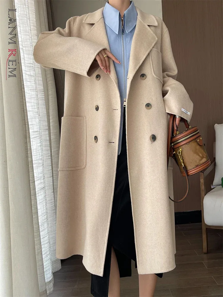 

[LANMREM] элегантные шерстяные толстые теплые пальто для женщин однотонные двубортные Женские офисные женские Верхняя одежда 2023 зимняя Новинка 26D7021