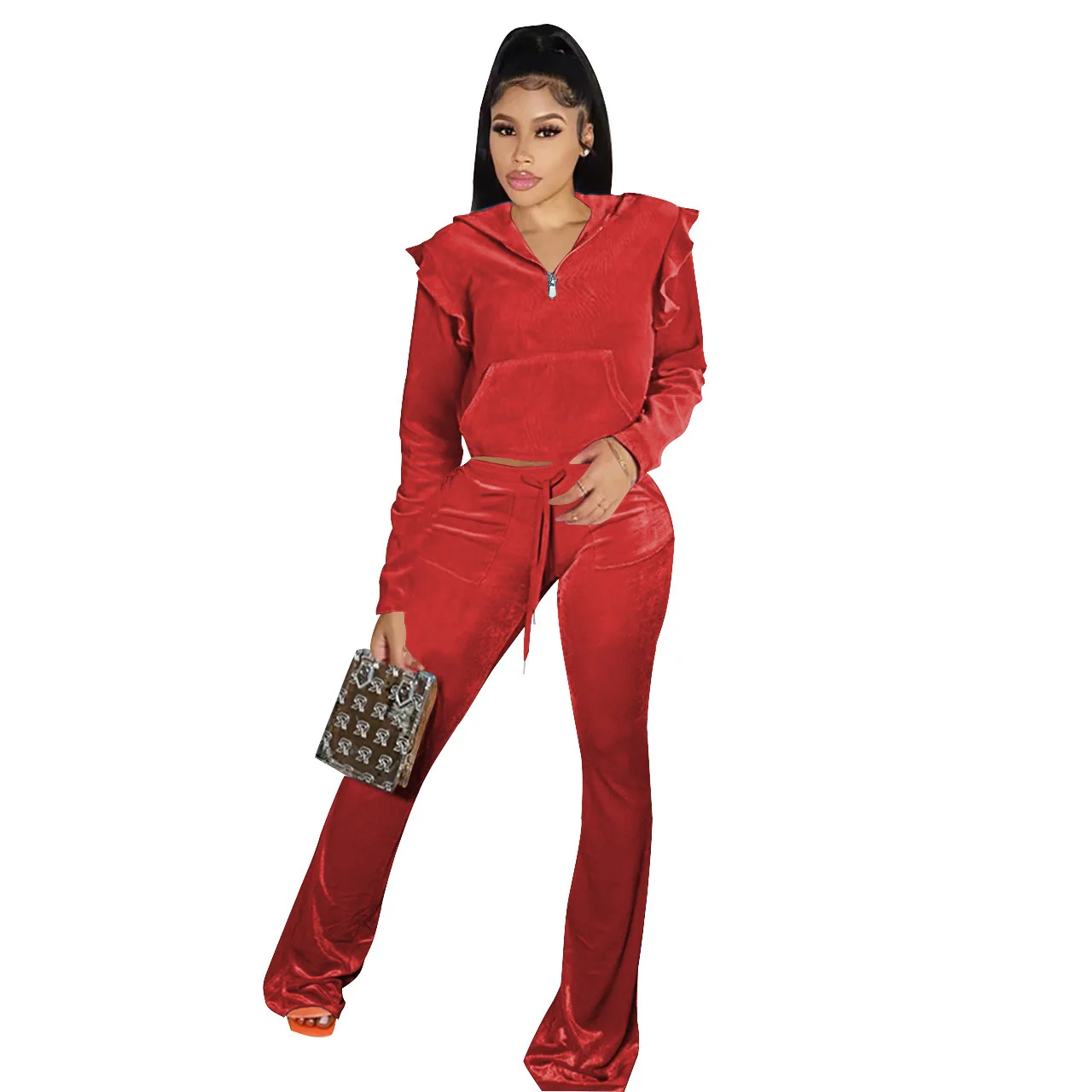 

Women's Two Piece Pants sets Cute zipper pullover top pocket flare pants tracksuits