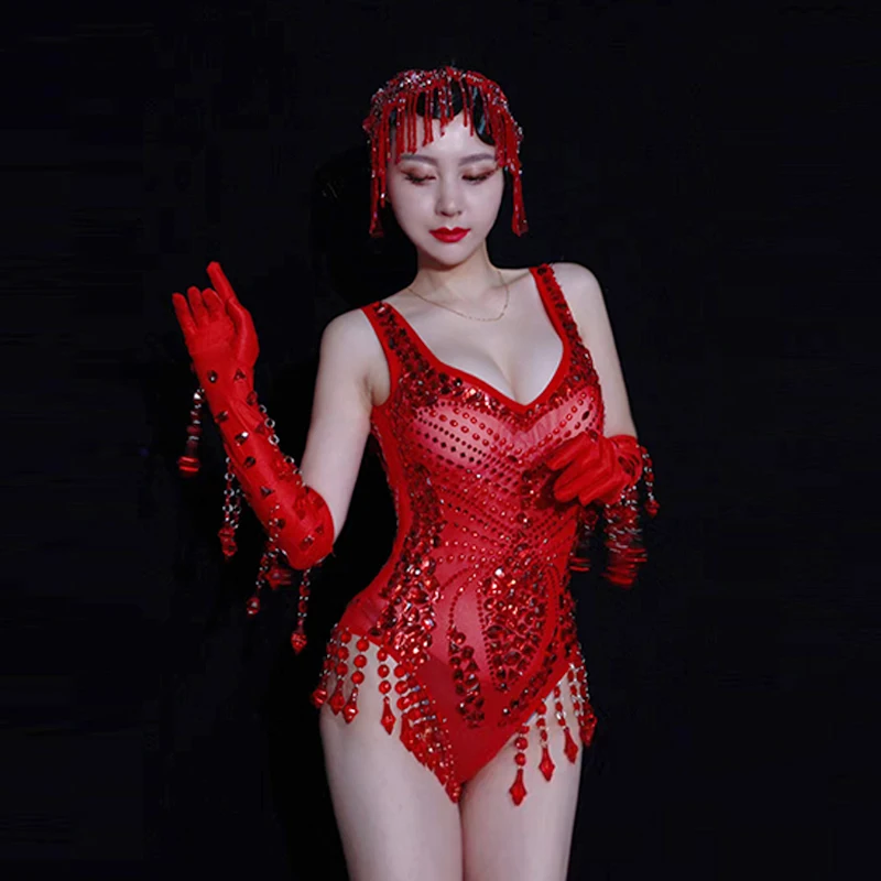 

Красный Стразы комбинезон костюм для танца на шесте головной убор танцор певица сценическая модель для вечевечерние карнива одежда VDB6158