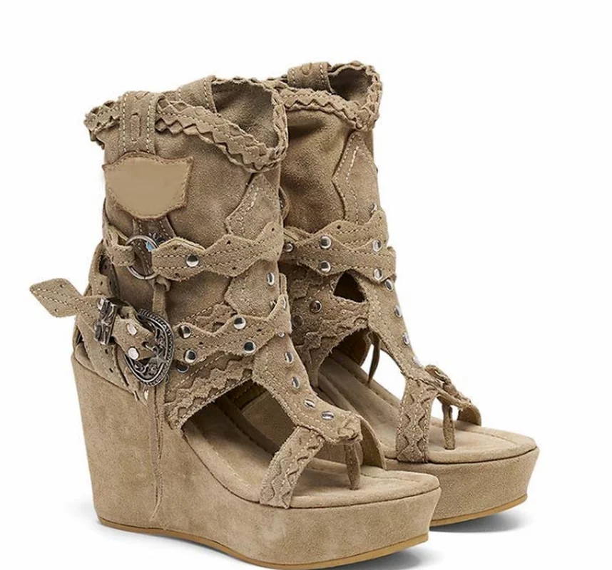 New Women Vintage Booties Woman Cut Out Sandals Ankle Boots Female PU Leather High Heels Shoes Mujer Sapato Feminino