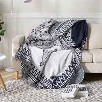 blue white double side boho knitting blanket for bedroom cotton breathable sofa thread blanket nordic brief blanket with tassel