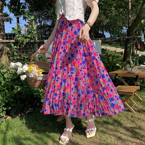 2022 Summer Print Skirt For Women Pleated Loose Korean Fashion A Line Elegant Ladies Elastic Waist M