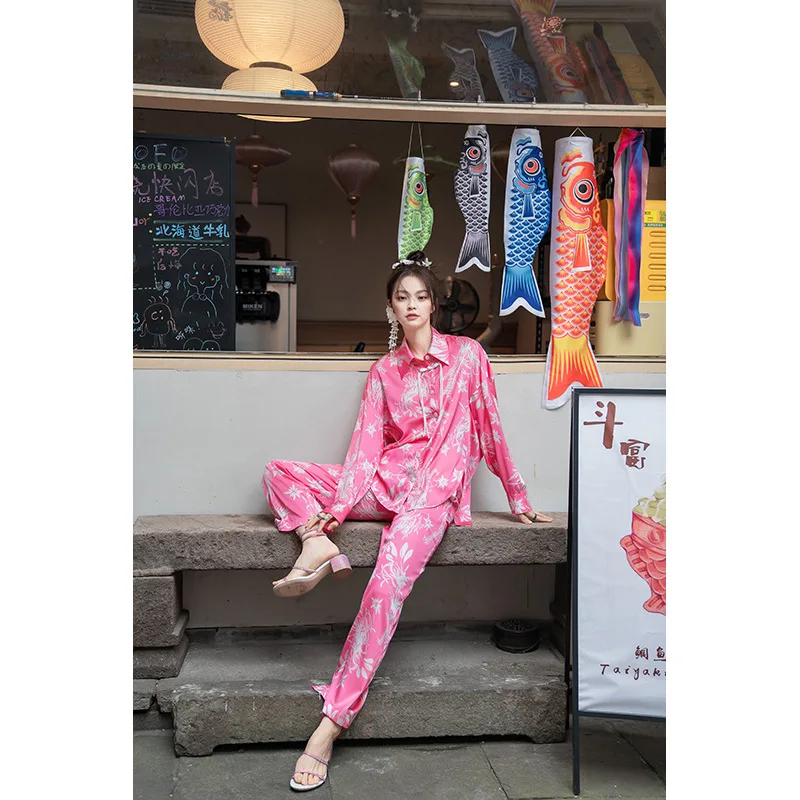 Maison Gabrielle 2022 Fall New Vintage Chinoiserie Cheongsam Style Pajamas Set 2 Pieces Long Sleeve Loungewear Sleepwear Women