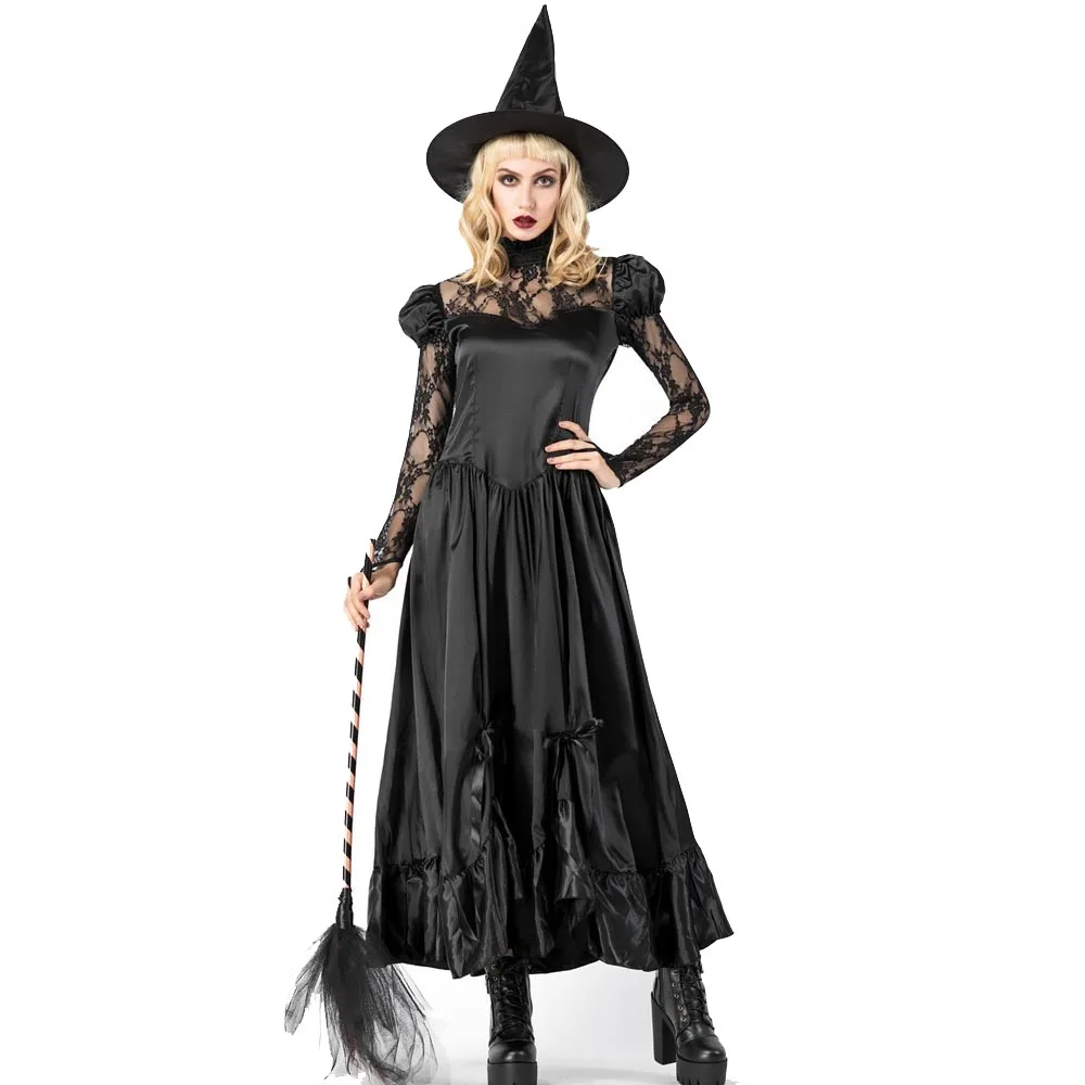 

Костюм ведьмы на Хэллоуин, длинное черное кружевное платье, костюм ведьмы для ролевых игр для взрослых