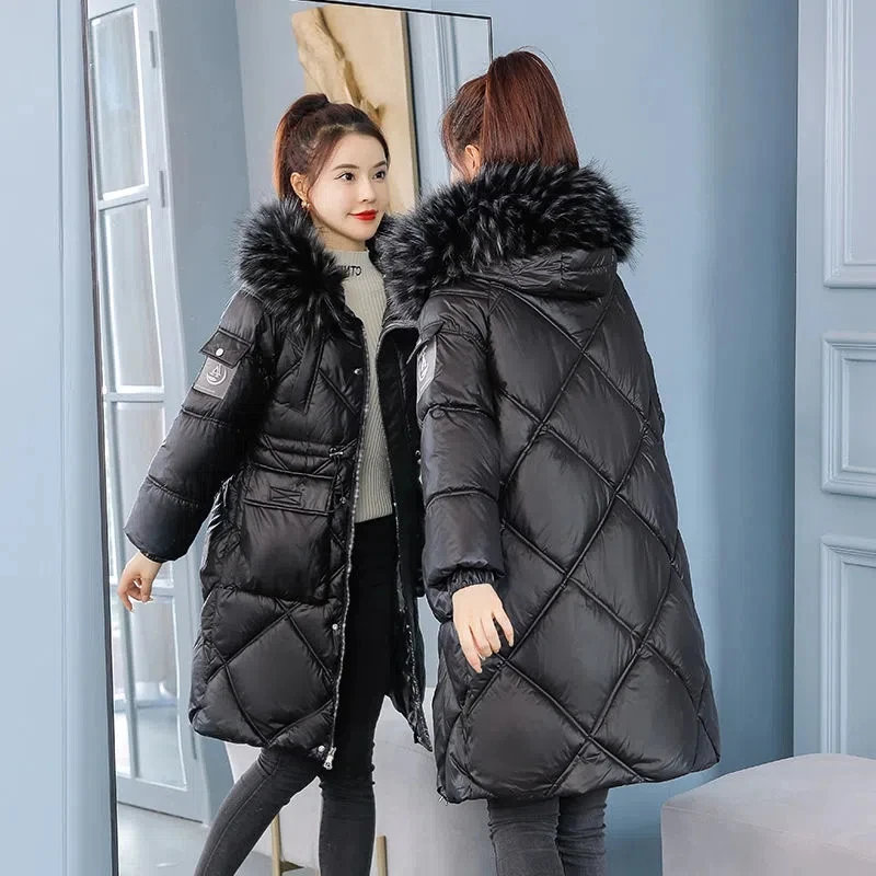 

Глянцевое Стеганое пальто, женская зимняя куртка, новинка 2023, теплое плотное хлопковое пальто, зимнее пальто с большим меховым воротником и капюшоном, зимняя верхняя одежда