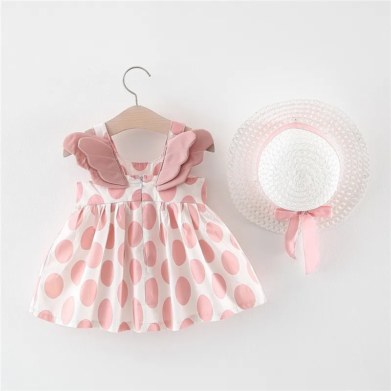 

Baby Girls Dresses with Hat 2pcs Clothes Sets Kid Clothes Baby Polka Dot Birthday Party Princess Dress Print Floral Wing Clothes