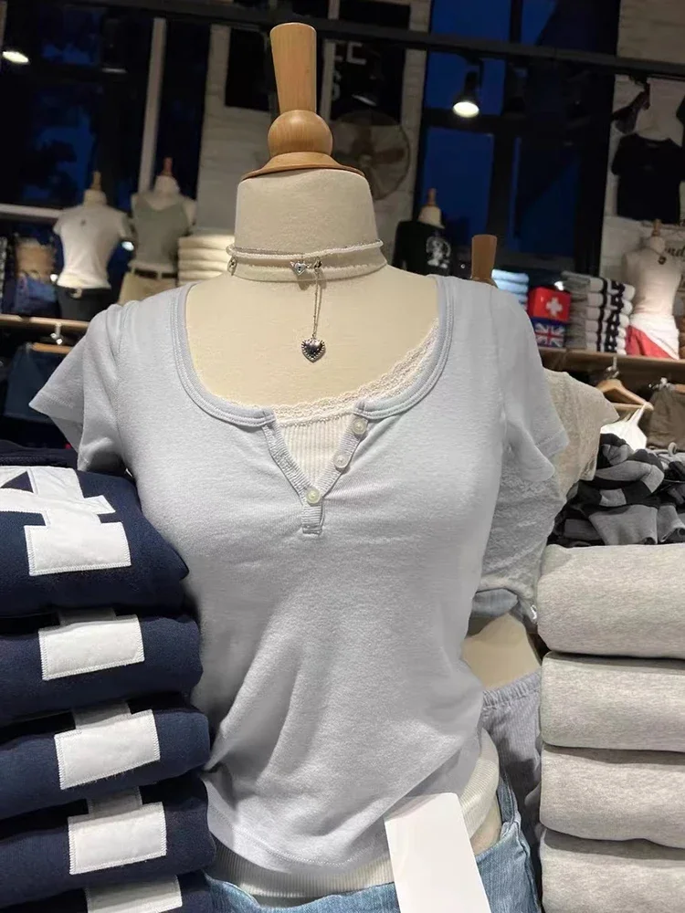 Новый синий тонкий укороченный топ с тремя пуговицами летняя хлопковая футболка