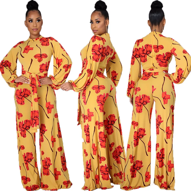 

2022 New Digital Print Wide Leg Jumpsuit Sexy Casual Loose Long Sleeve O Neck Leaf Print Tight Wide Leg Belted Elegant Jumpsuit