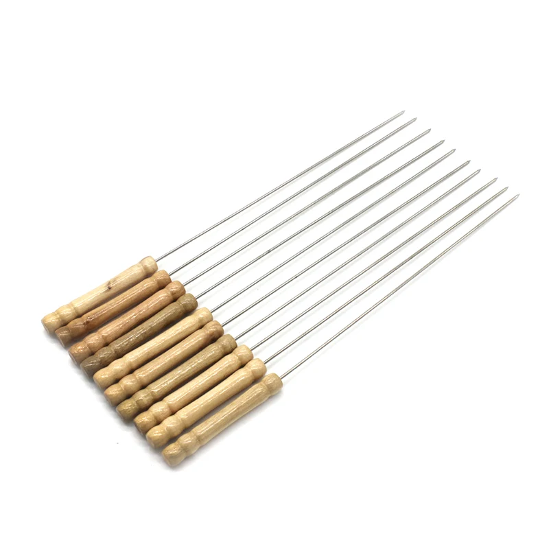 10Pcs/pack Stainless Steel BBQ Skewers UTENSIL Wooden Handle Needle Kebab Sticks For Outdoor Camping Picnic Cooking Tools