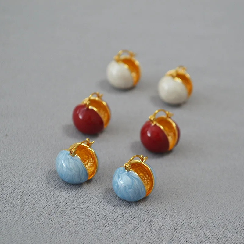

LONDANY earrings Japanese and Korean minority simple hollow ball pearl colored enamel oil dripping simple temperament earrings