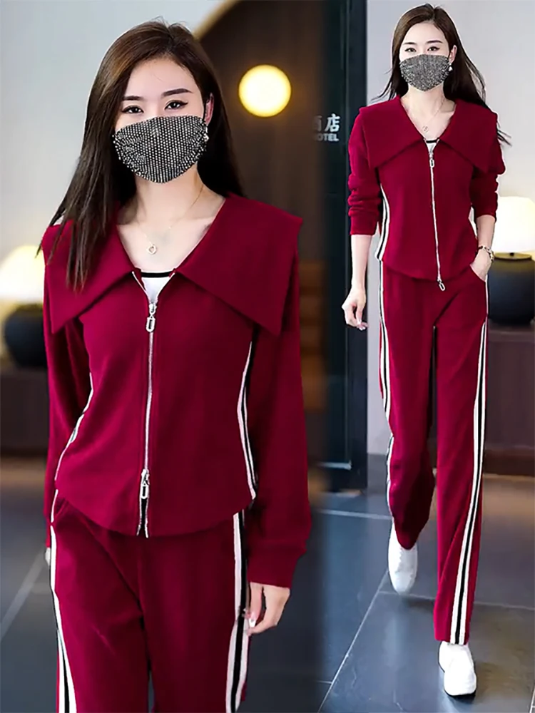 

Black Lapel Zipper Sweatshirt Two Piece Set For Women Tracksuit Conjuntas Para Mujeres 2 Piezas 2023 Casual Wide Leg Pants Suits