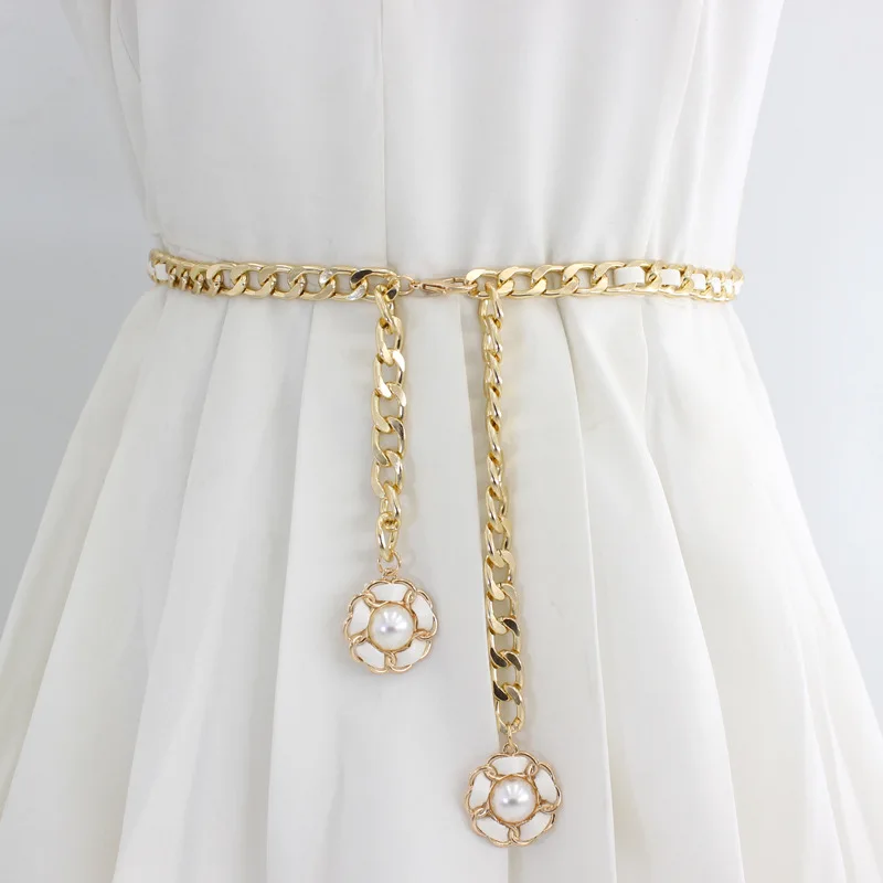 

Metal Waist Chain Flower Pearl Inlaid Waist Alloy Chain Belt Long Tassel Waistband Dress Shirt Decoration Waistband Accessories