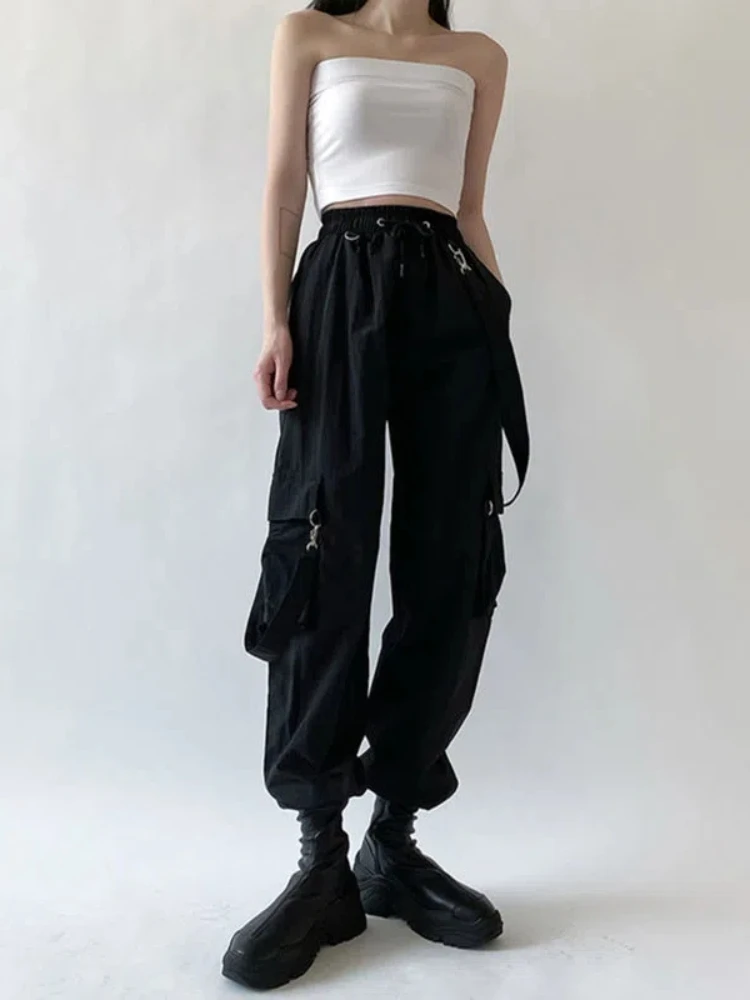 QWEEK Goth Cargo กางเกงผู้หญิง Punk Capris กางเกง Harajuku สูงเอวกางเกงขนาดใหญ่ที่ถอดออกได้ Casual กางเกง Emo Techwear