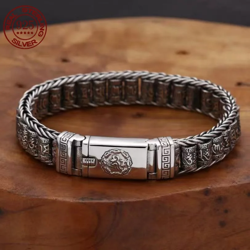 Мужской браслет в стиле ретро простой и щедрый серебряный тканый с мантрой из