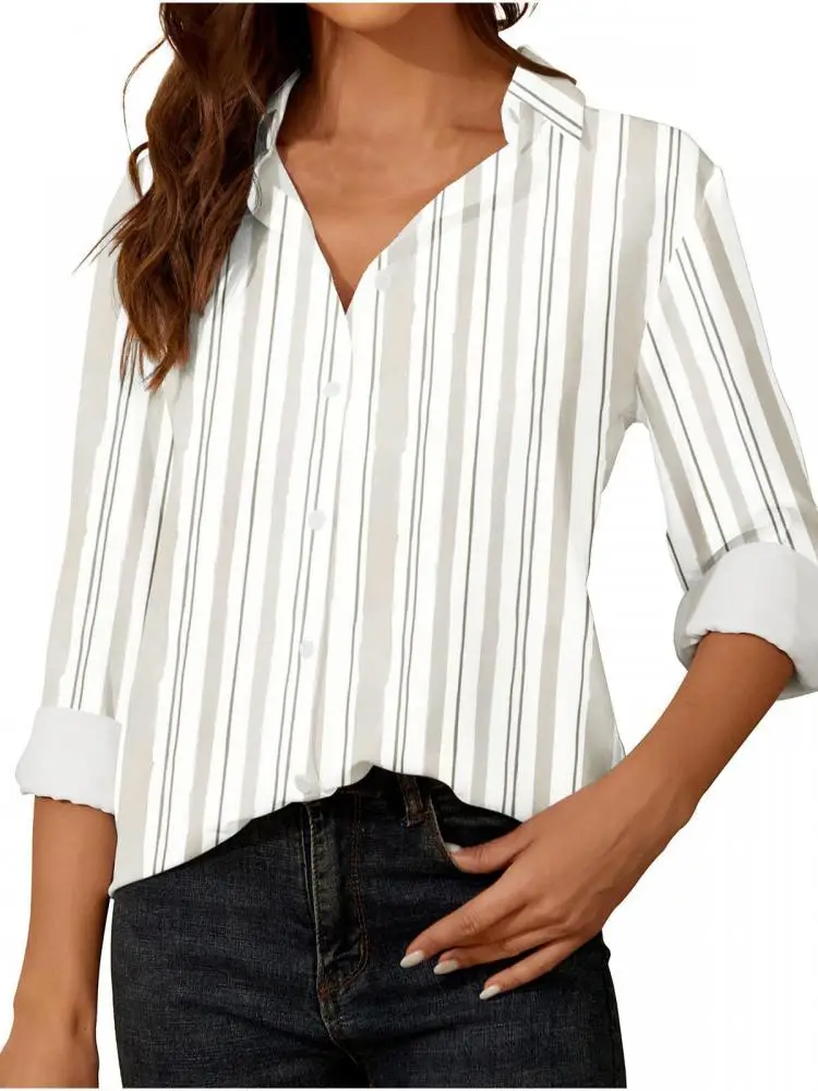 

Женская Офисная рубашка в полоску, рубашка с длинным рукавом и отложным воротником, на пуговицах, весна-осень 2023